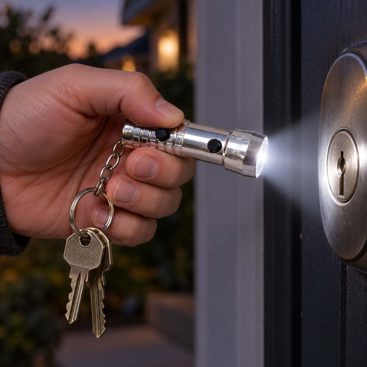 A hand holds a silver keychain flashlight, illuminating a keyhole in a dark door with bright white light.