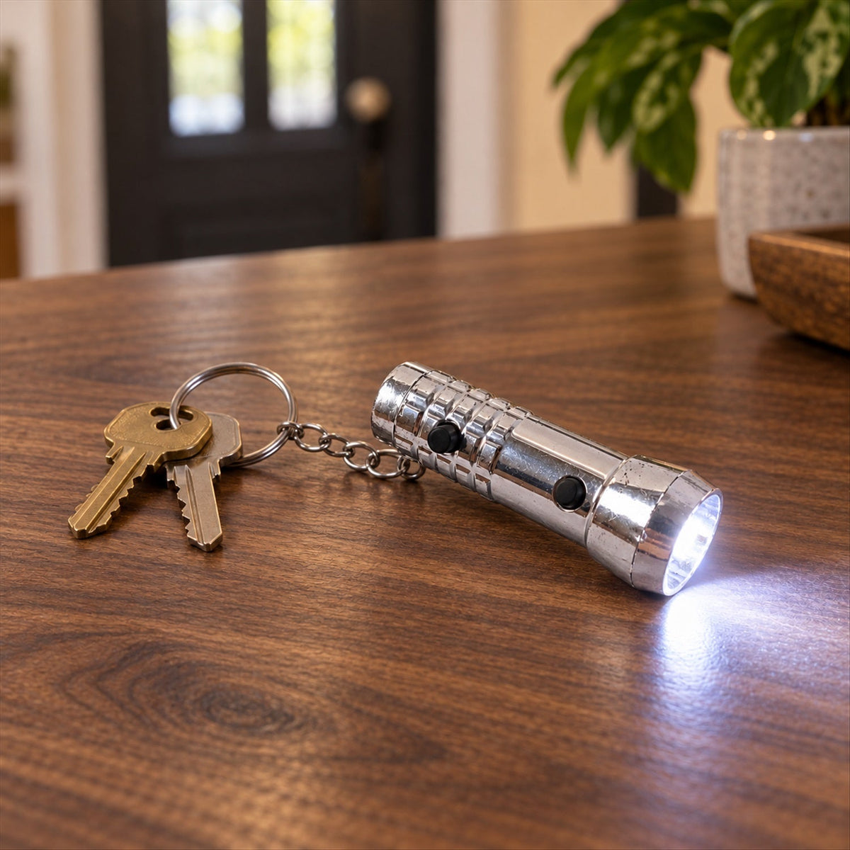 A silver keychain flashlight with two black buttons rests on a wooden table, emitting a bright white beam.