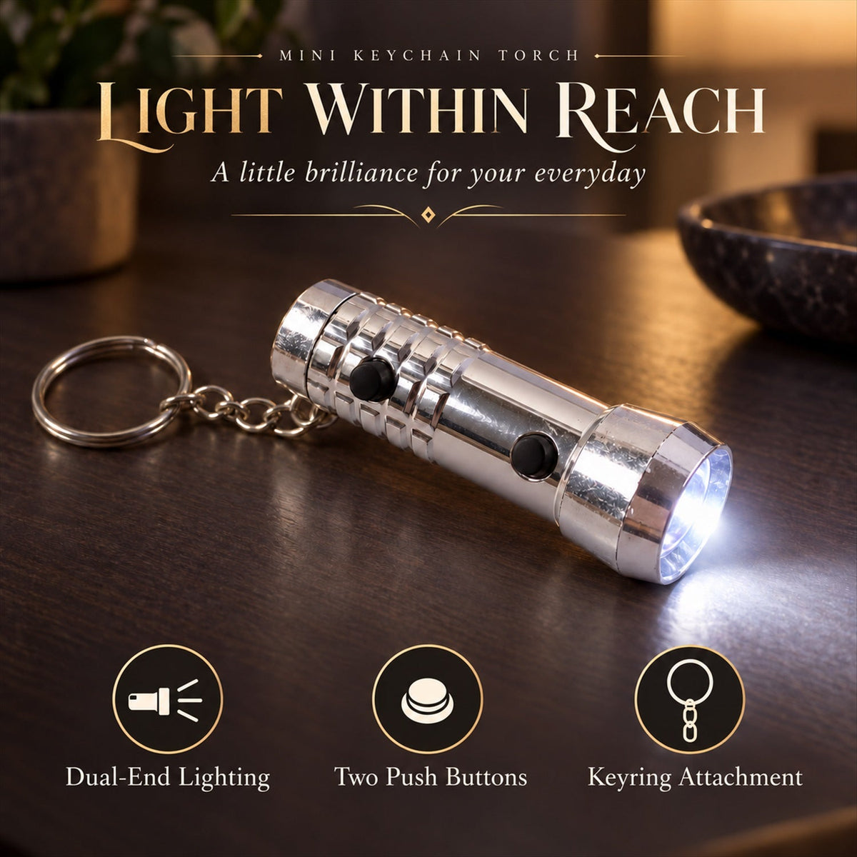 A silver keychain flashlight with white light on a wooden table, with text describing its features: dual lighting, push