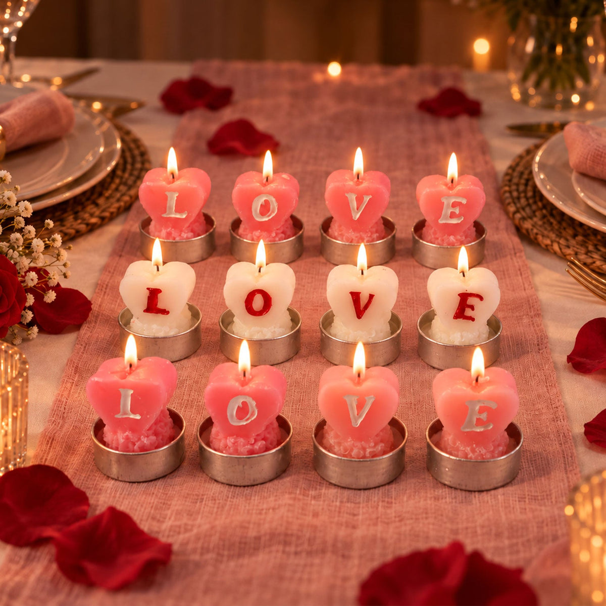Twelve lit heart-shaped tealight candles in pink and white, arranged on a pink table runner with rose petals.