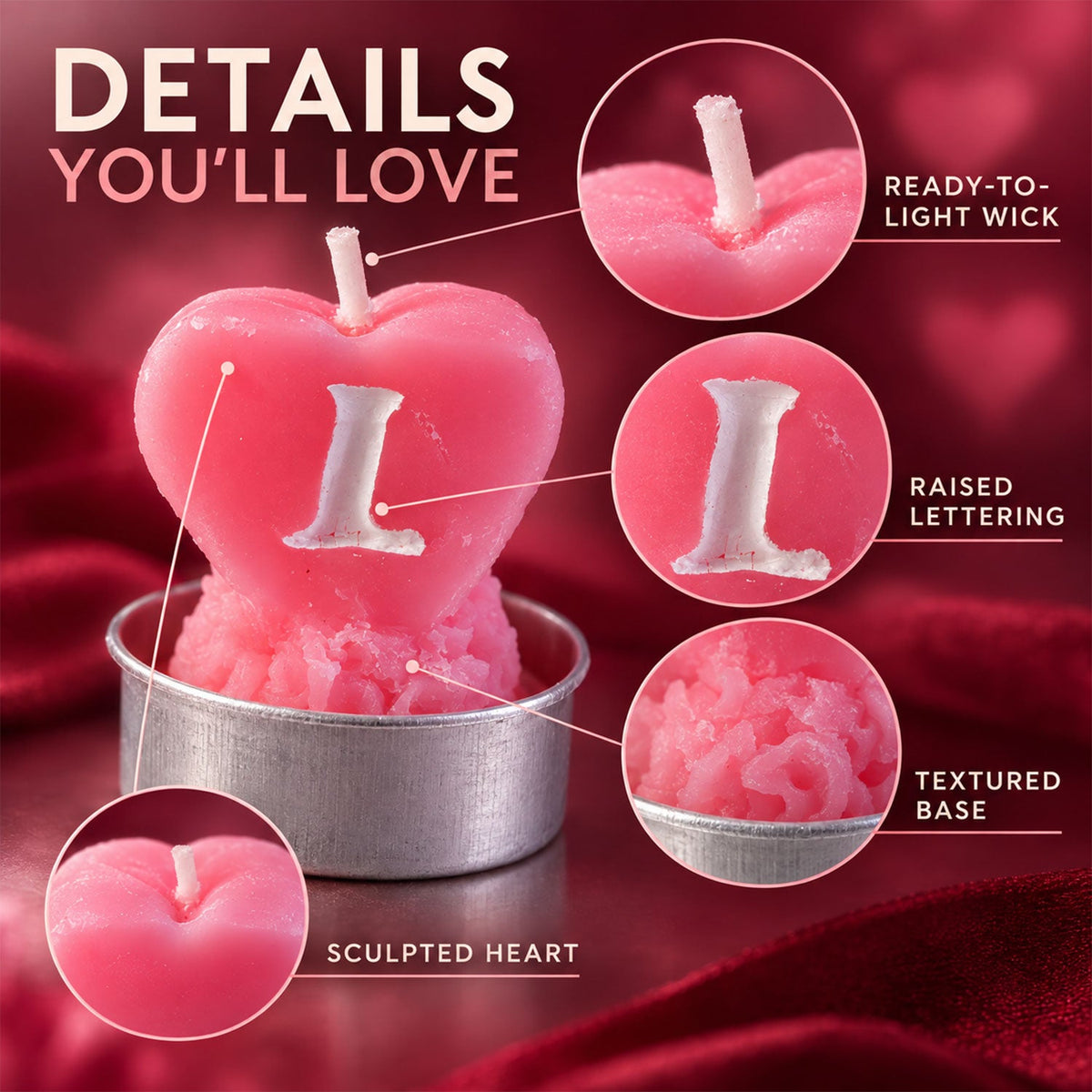 A detailed view of a pink heart-shaped candle with a white letter L, showing its wick, texture, and metal cup.