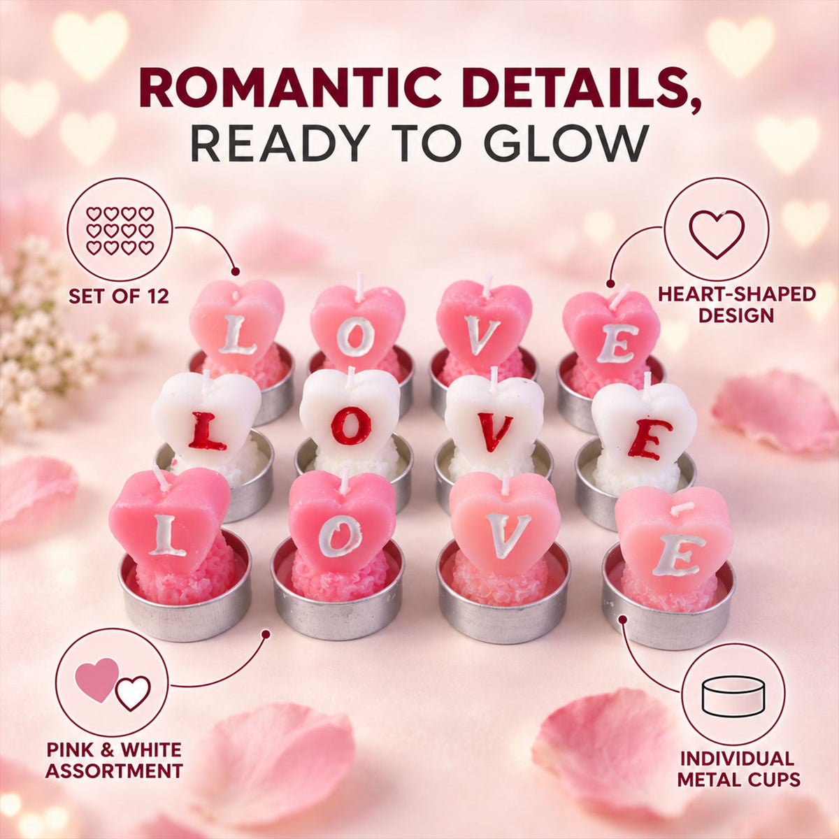 A set of twelve heart-shaped tealight candles in pink and white, spelling LOVE, displayed on a pink surface with petals.