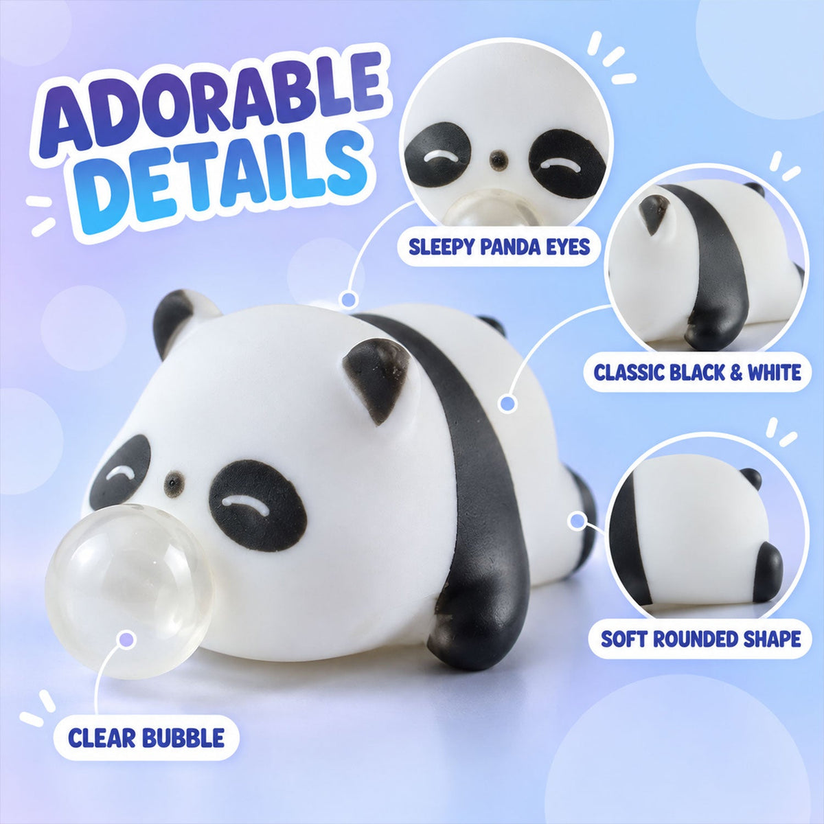 A close-up of the panda squishy toy highlights its sleepy eyes, black and white color, soft shape, and clear bubble.