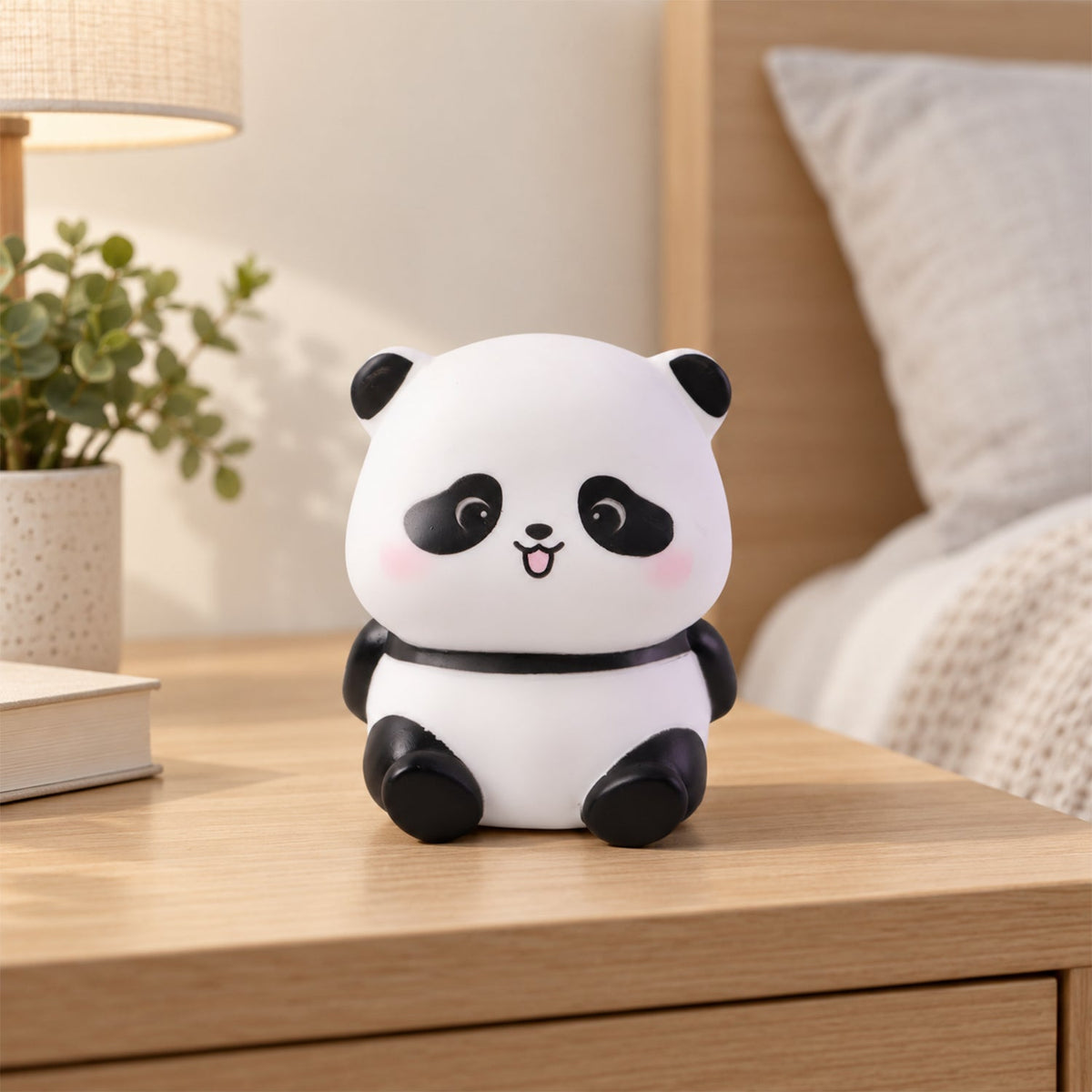 A white panda night light with black features sits on a light wooden bedside table in a bright room with a plant and book.