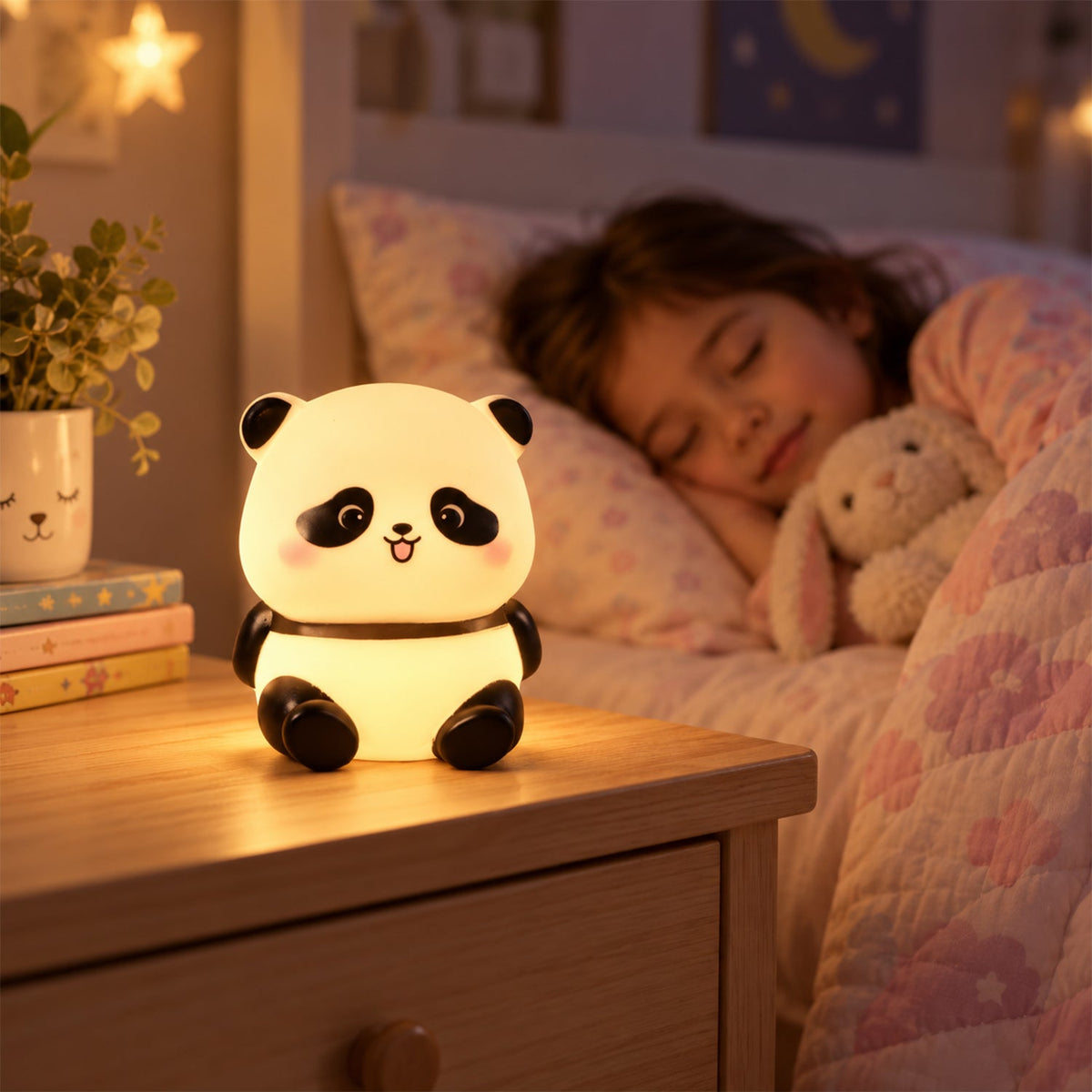 A glowing panda night light sits on a dark wooden bedside table next to a sleeping child and a plush bunny toy.