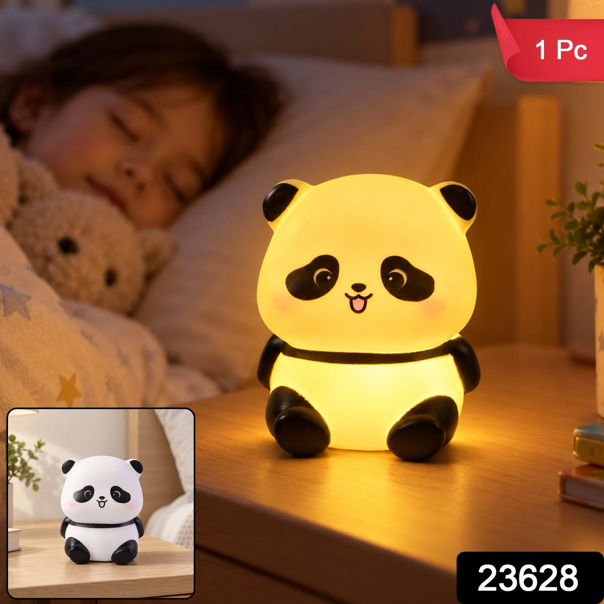 A glowing panda night light on a bedside table next to a sleeping child, with a small inset showing the light off and a "1
