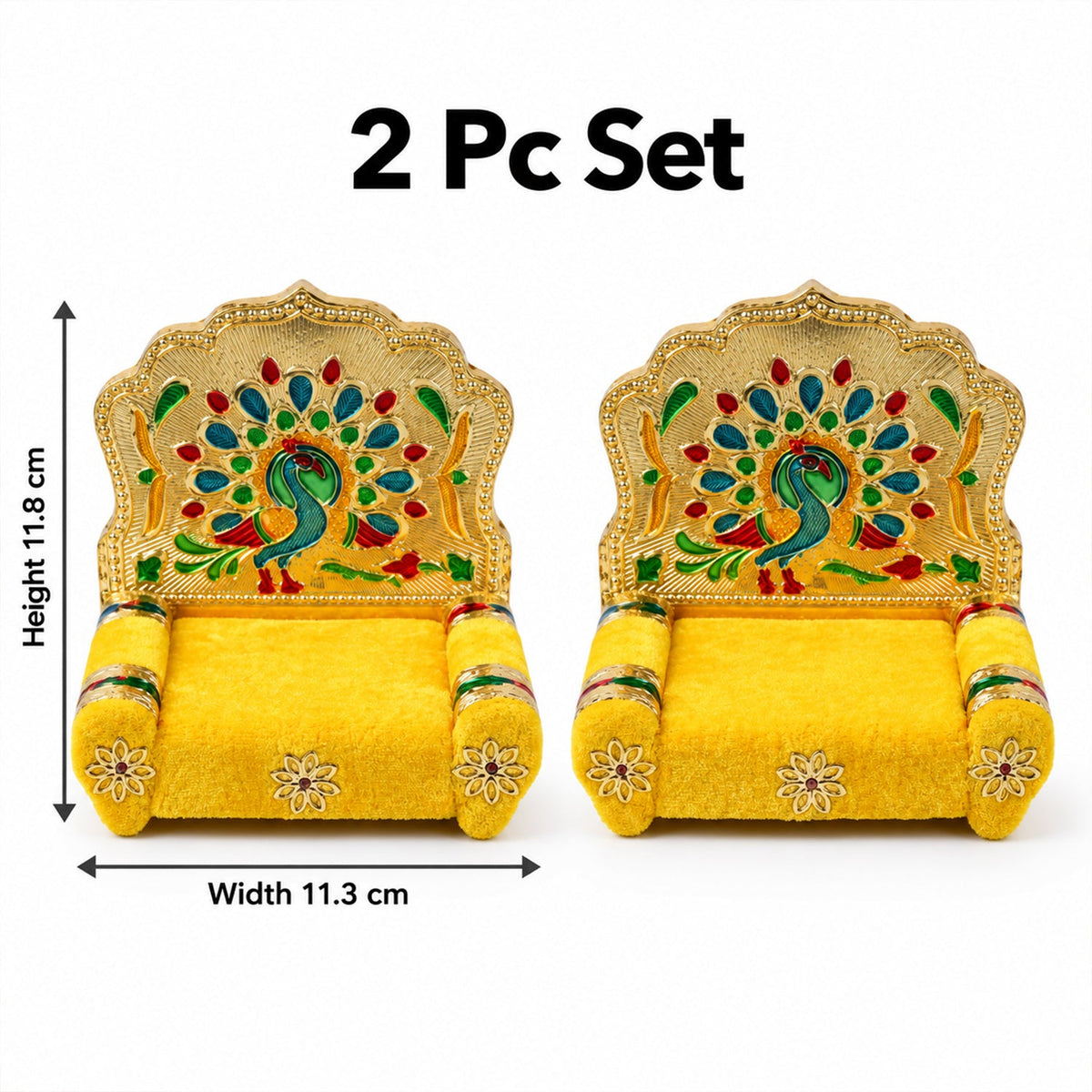 Two yellow velvet singhasans with golden peacock backrests, featuring height and width measurements on a white background.