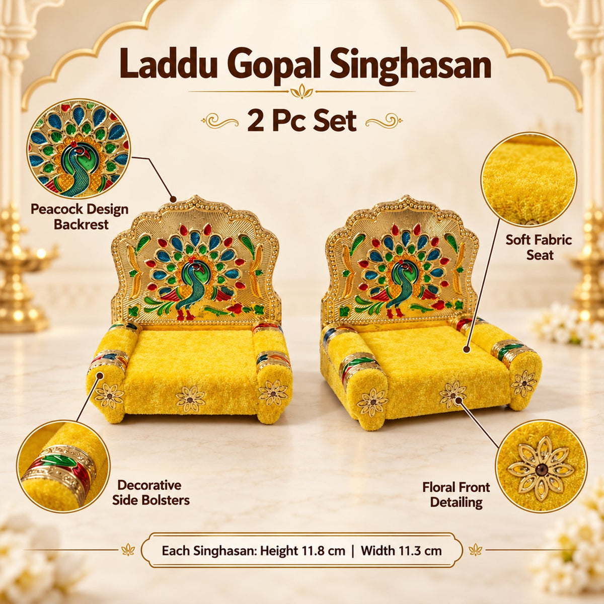 Two yellow singhasans with golden peacock backrests, shown with text highlighting features like seat, backrest, and