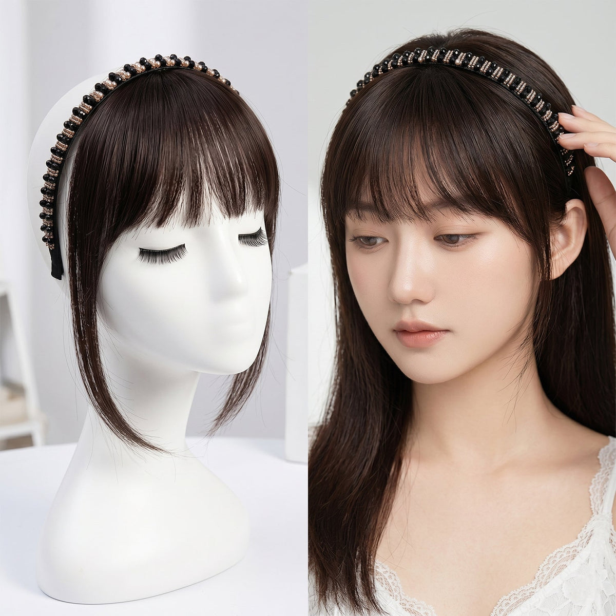 Detailed view of synthetic hair extensions headband for quick styling