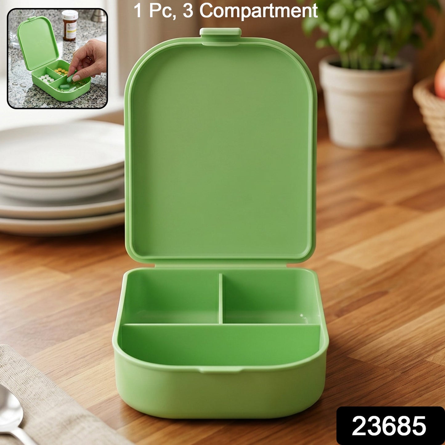 Multiple portable pill organizer boxes displayed together.