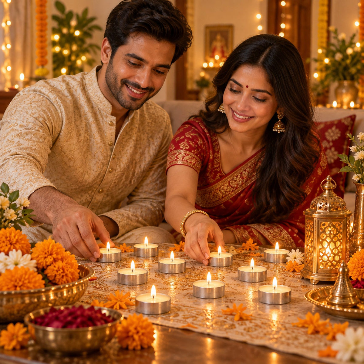 A smiling couple in traditional attire placing lit tea light candles on a table.