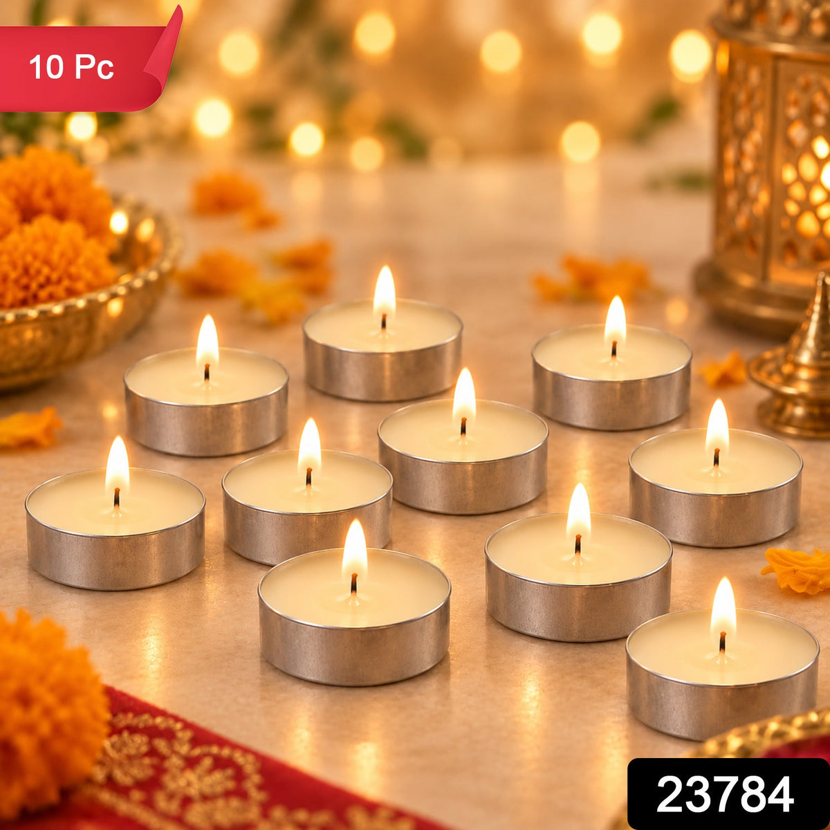 Ten lit tea light candles on a festive surface, with a golden lantern and flowers.