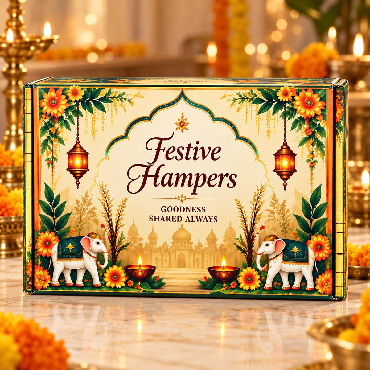 A festive hamper box with a decorative illustration featuring elephants, lanterns, and floral motifs, on a marble surface.
