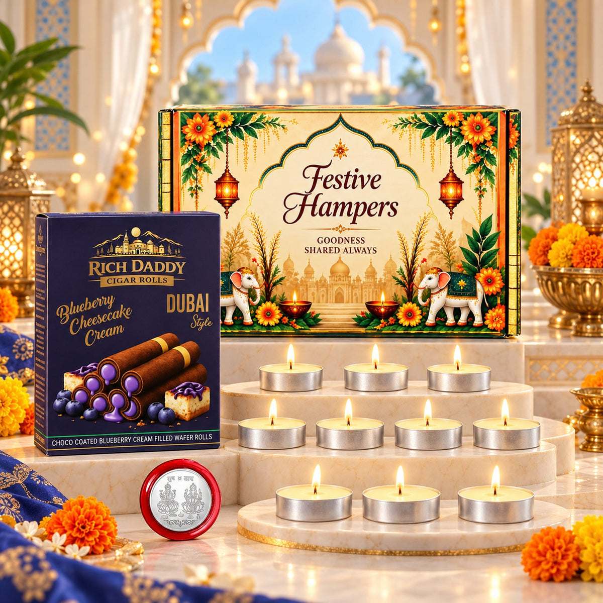 A festive hamper box, a small box of wafer rolls, and nine lit tea light candles are arranged on a marble surface – view 7