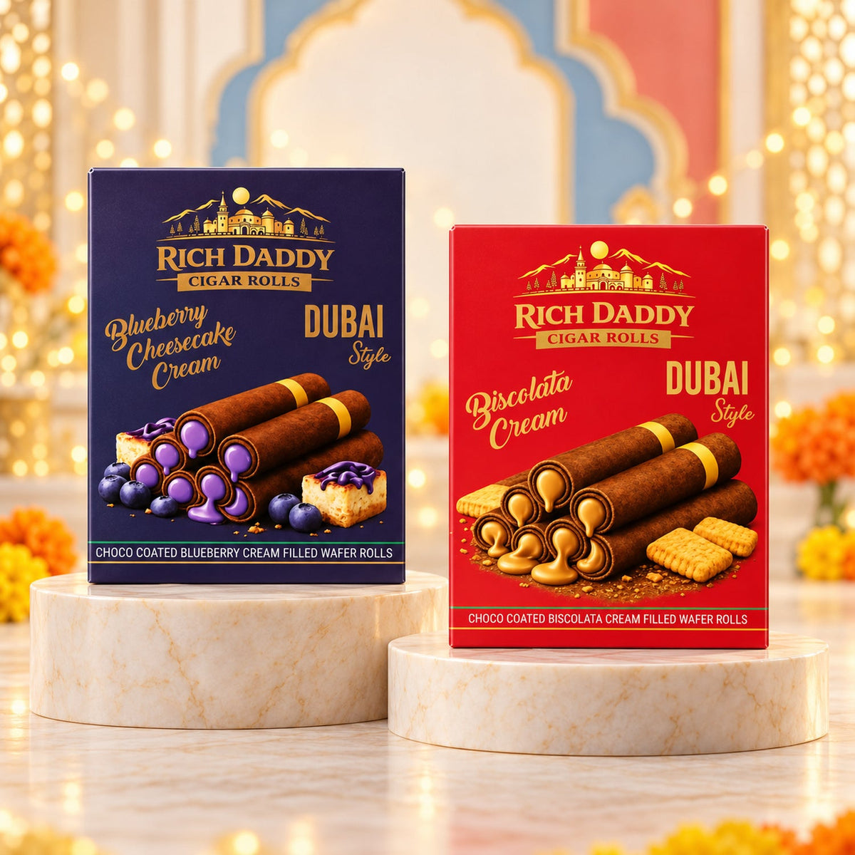 Two boxes of cigar rolls, one blueberry cheesecake and one biscolata cream, on marble pedestals with a blurred background.