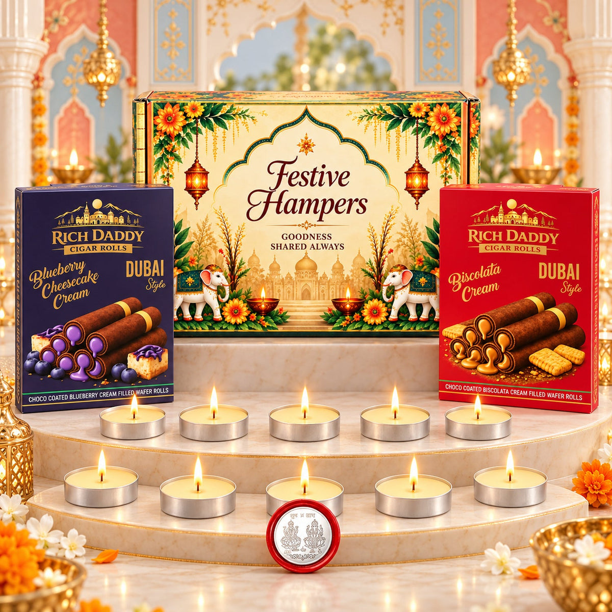 A festive gift hamper with two boxes of cigar rolls, a silver coin, and ten unlit tea light candles on a marble – view 7