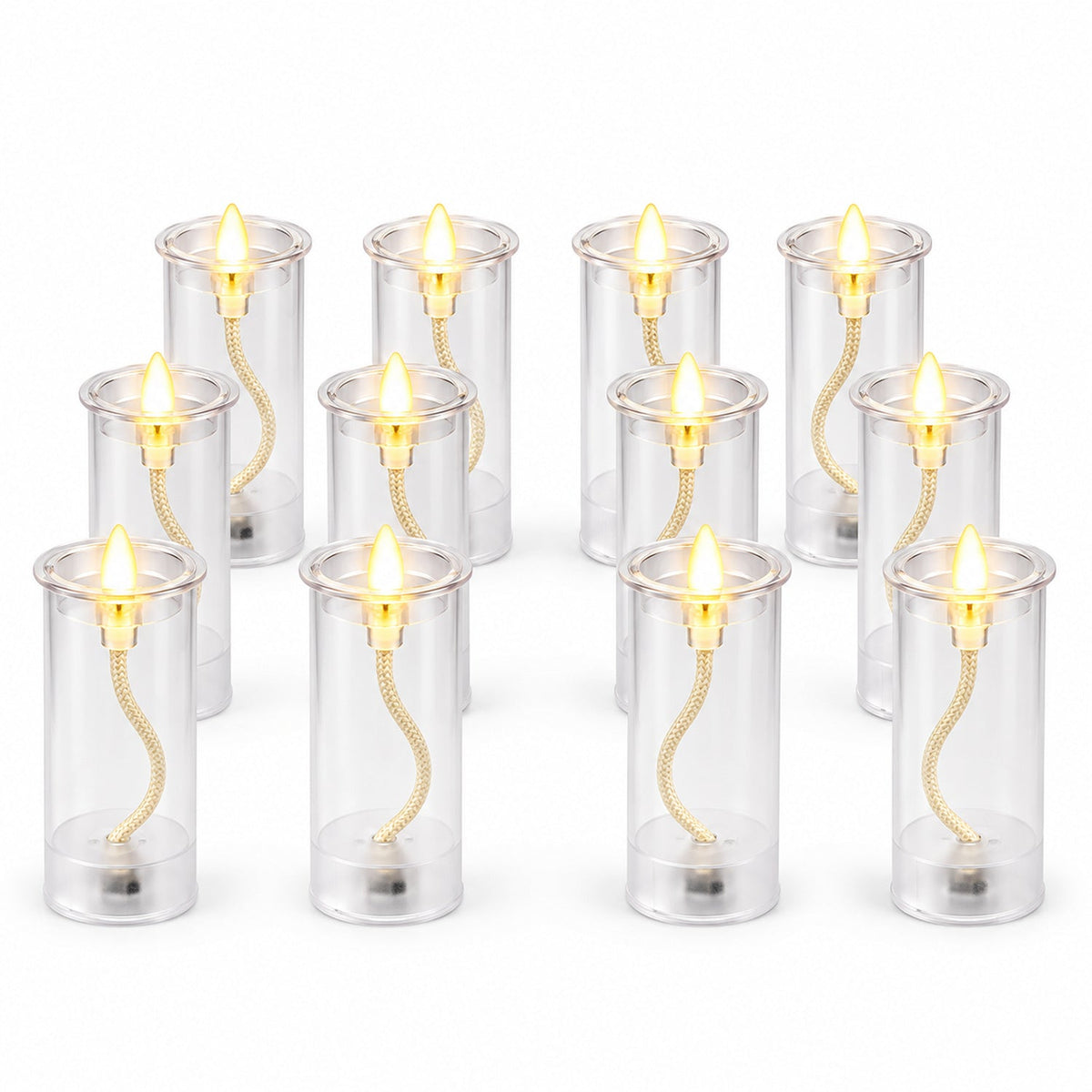 Twelve clear plastic LED swing candles with bright yellow flames, neatly arranged in three rows on a plain white background.