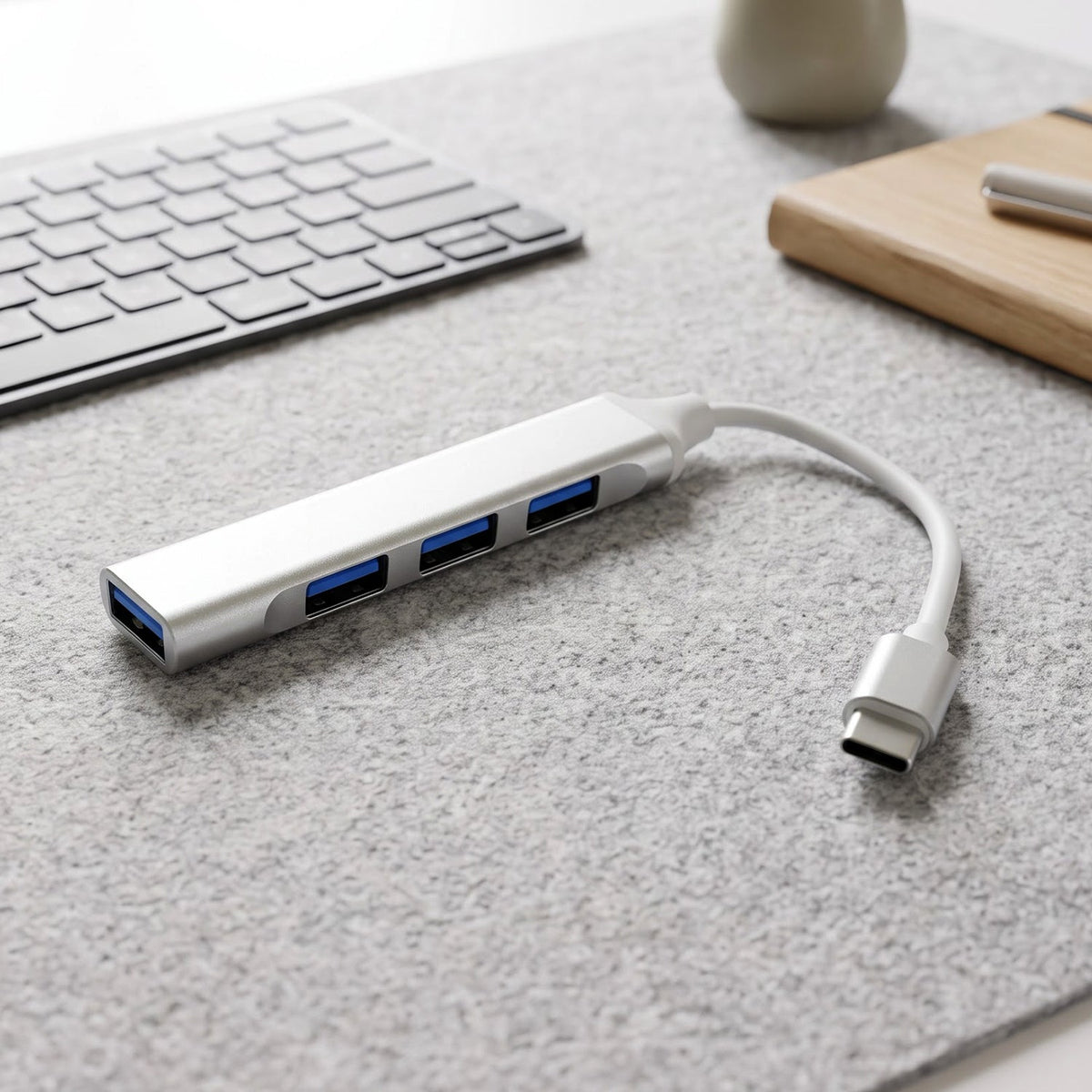 A silver Type C to four-port USB hub with blue USB ports rests on a gray felt mat next to a keyboard.
