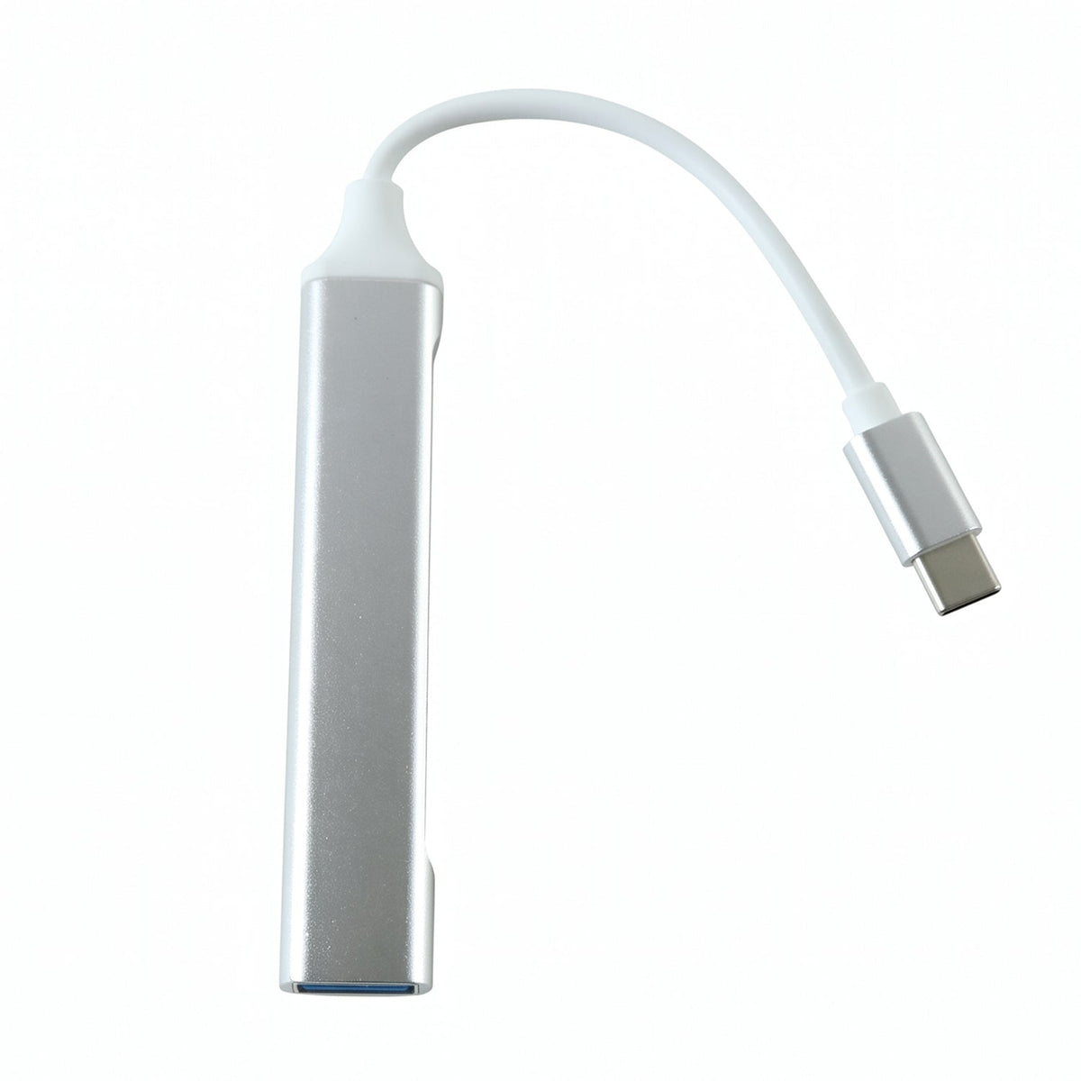 A silver Type C to four-port USB hub with a white cable and Type C connector on a white background.