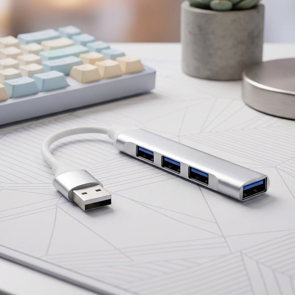 Silver 4-port USB hub with a white cable on a white desk with a keyboard and plant in the background.