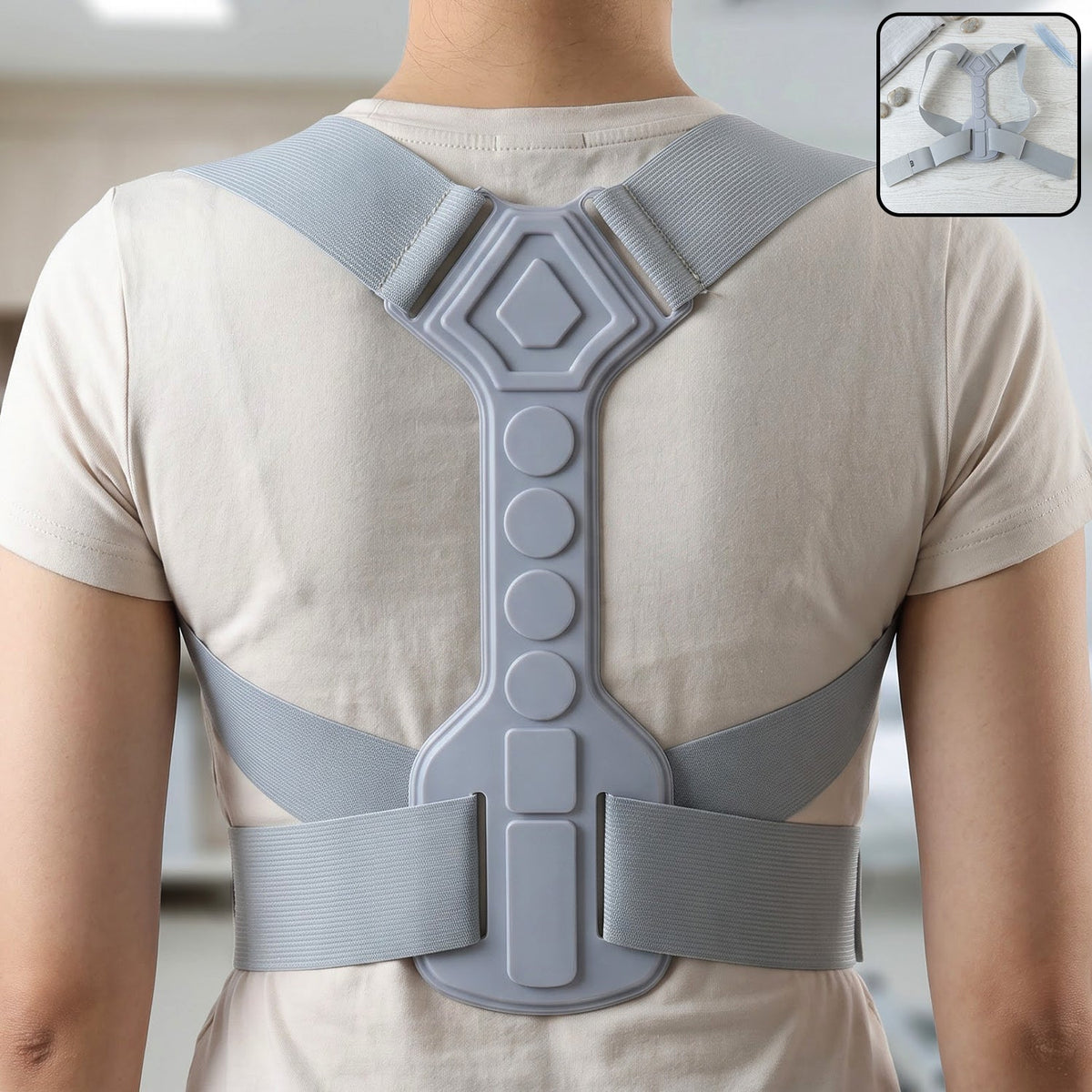 Back view of a person wearing a light gray posture corrector with a rigid central support and elastic straps.