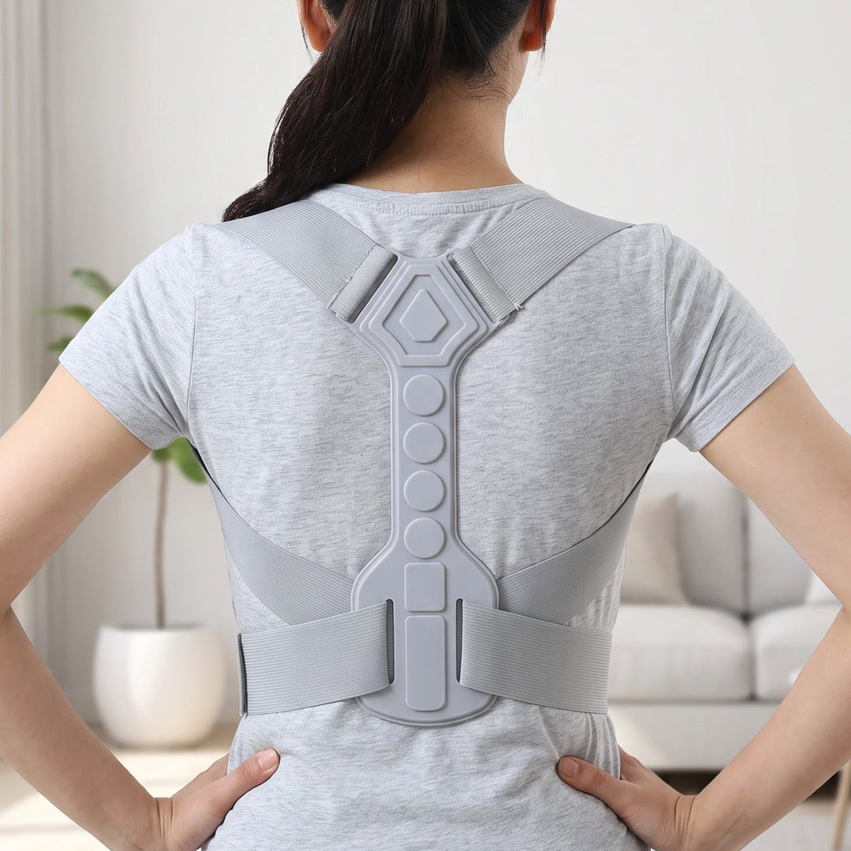 Back view of a person wearing a light gray posture corrector, standing with hands on hips in a bright room.