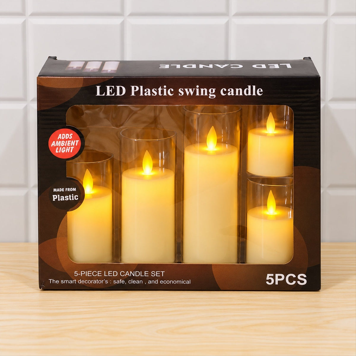 The product box for a 5-piece LED plastic swing candle set, displaying five flameless candles in clear sleeves through a