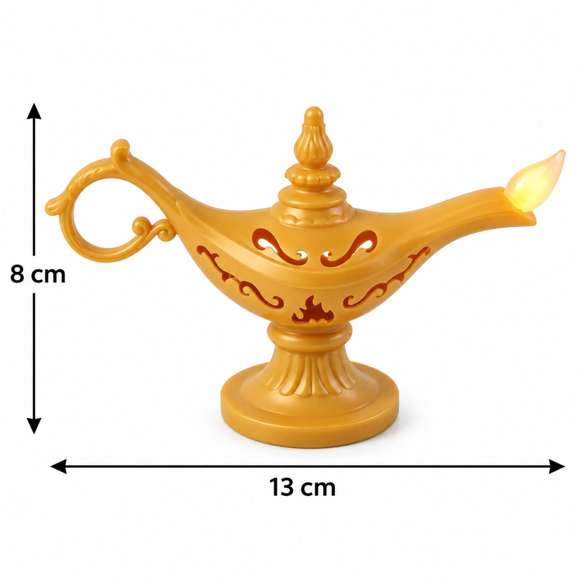 A golden Aladdin's lamp LED light, 8 cm tall and 13 cm wide, with a glowing flame on a plain white background.