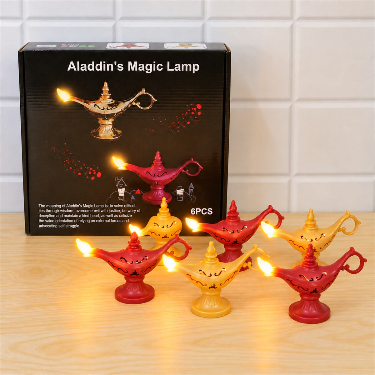 Six decorative LED lamps, three red and three yellow, with a black box in the background. The box has a description of the