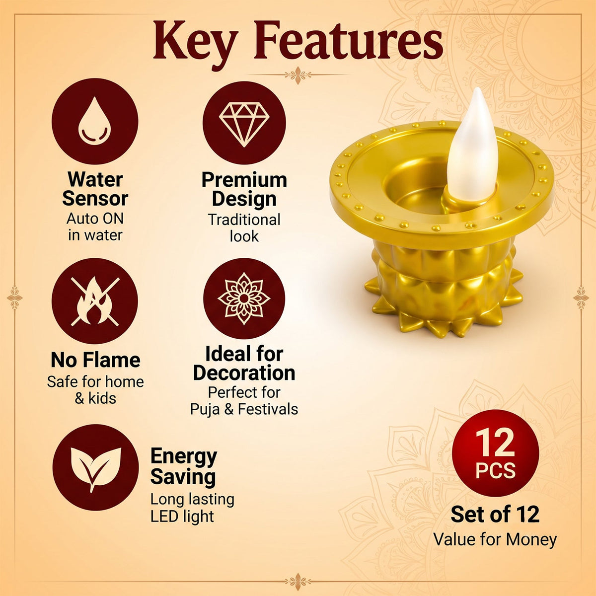 A gold plastic LED diya with text highlighting key features like water sensor, premium design, no flame, decoration, and
