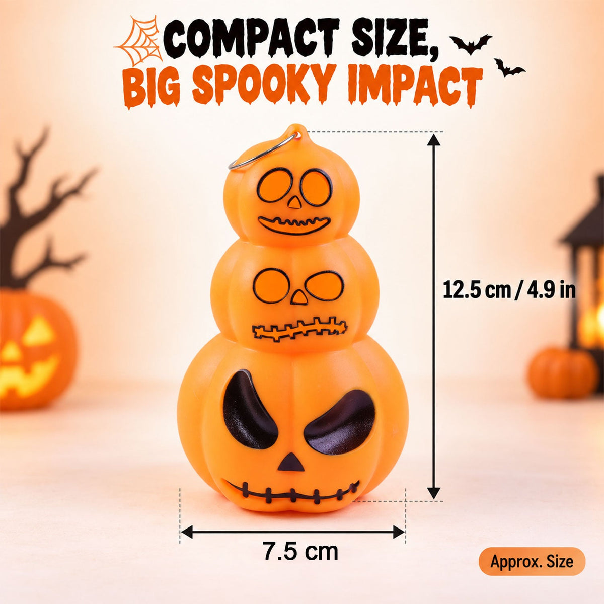 A single orange stacked pumpkin lantern is shown with dimensions of 12.5 cm height and 7.5 cm width, against a blurred