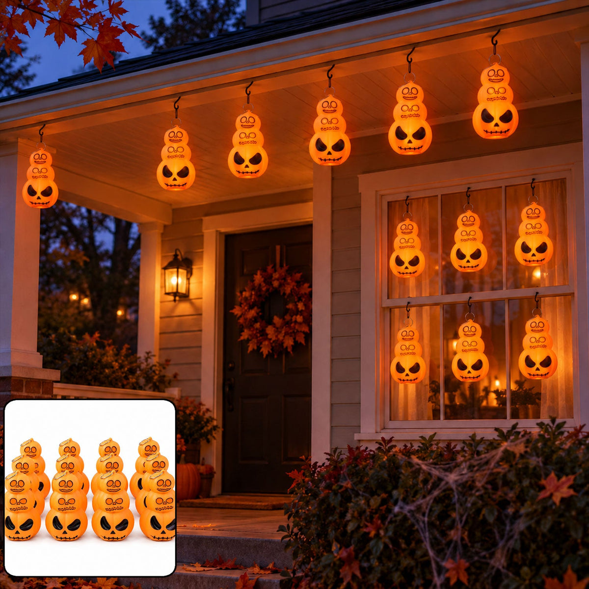A home's porch is adorned with ten glowing orange stacked pumpkin lanterns hanging from the roof, with a black banner