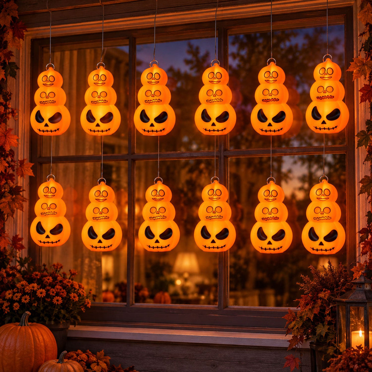Twelve glowing orange stacked pumpkin lanterns hang in two rows across a window, framed by autumn leaves.