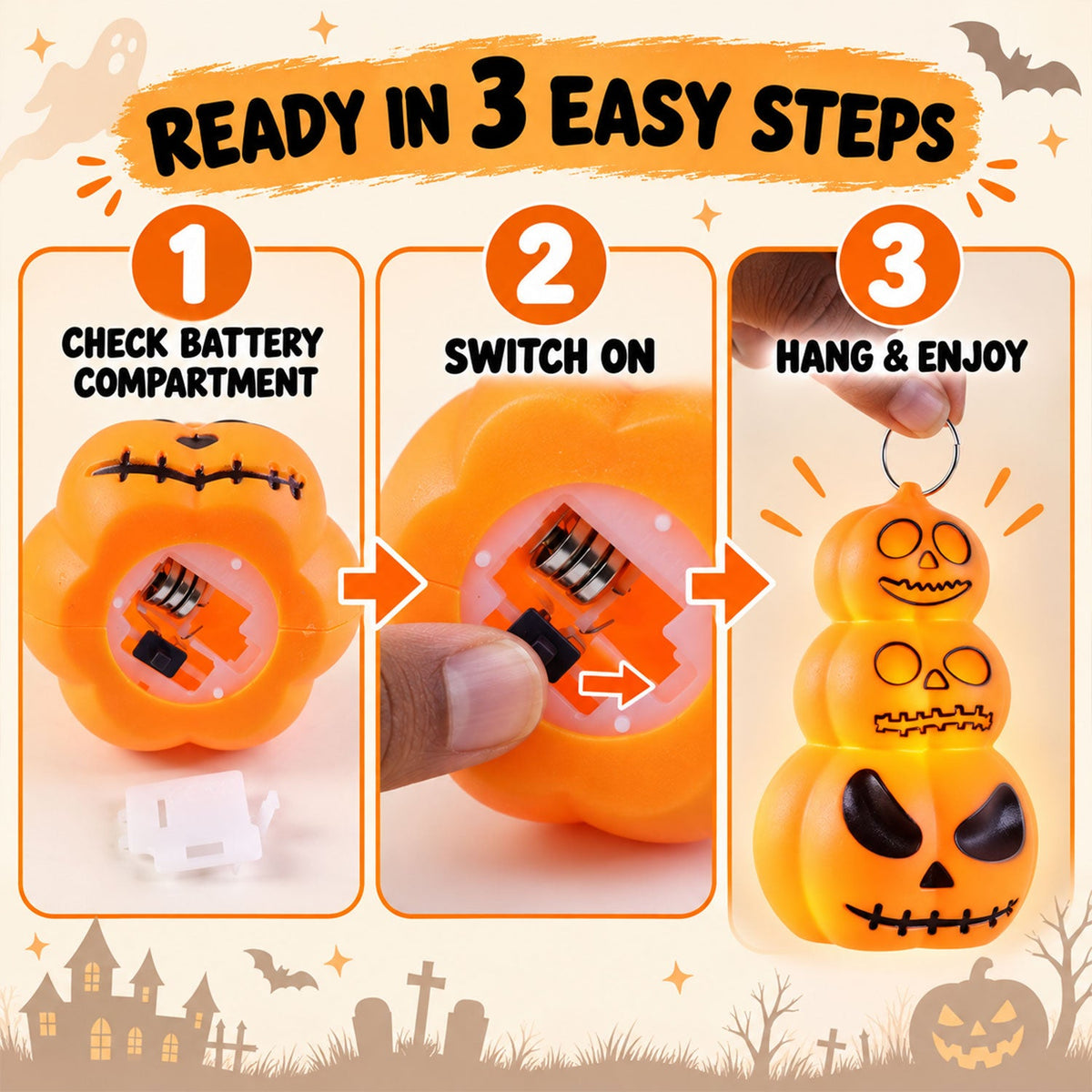 Three steps illustrate how to use the lantern: check battery compartment, switch on, and hang to enjoy the glowing orange