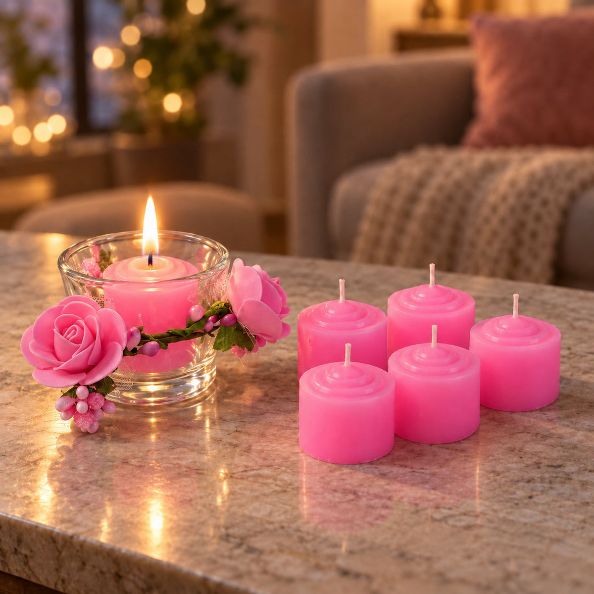 Pink Candle Gift Set with Floral Holder