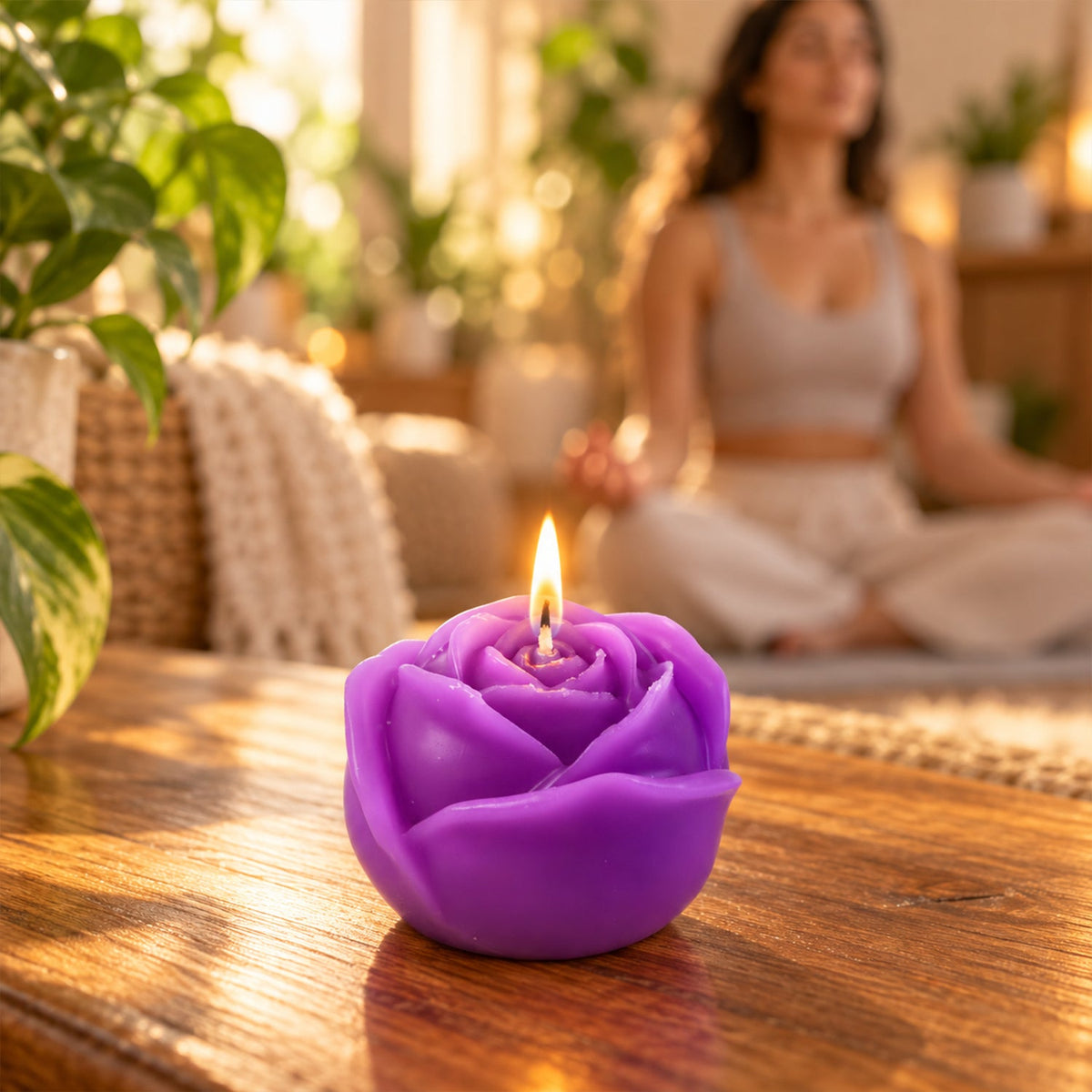A lit purple rose-shaped candle sits on a wooden surface, with a person meditating in the blurred background.