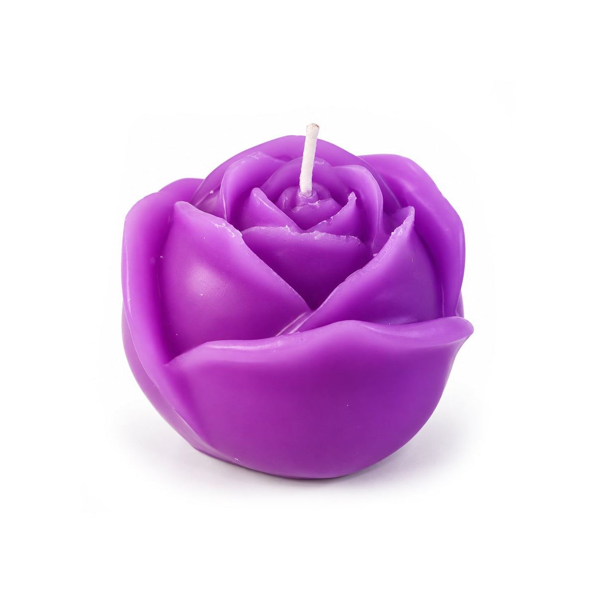 A vibrant purple rose-shaped candle with a white wick stands alone against a clean white background.