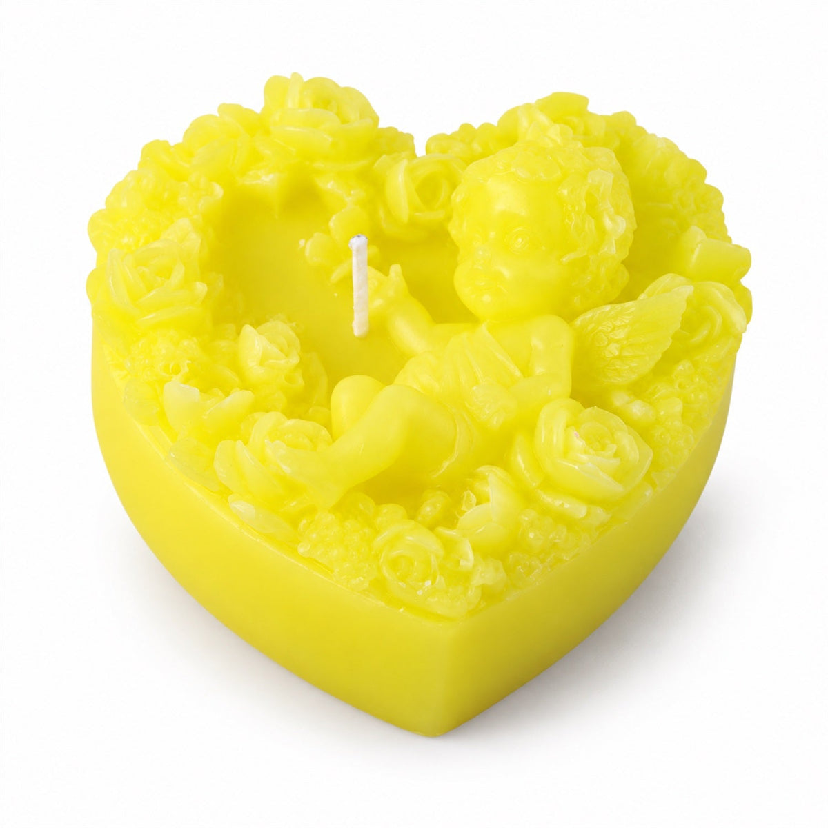 A bright yellow heart-shaped candle featuring a cherub figure surrounded by delicate rose details.