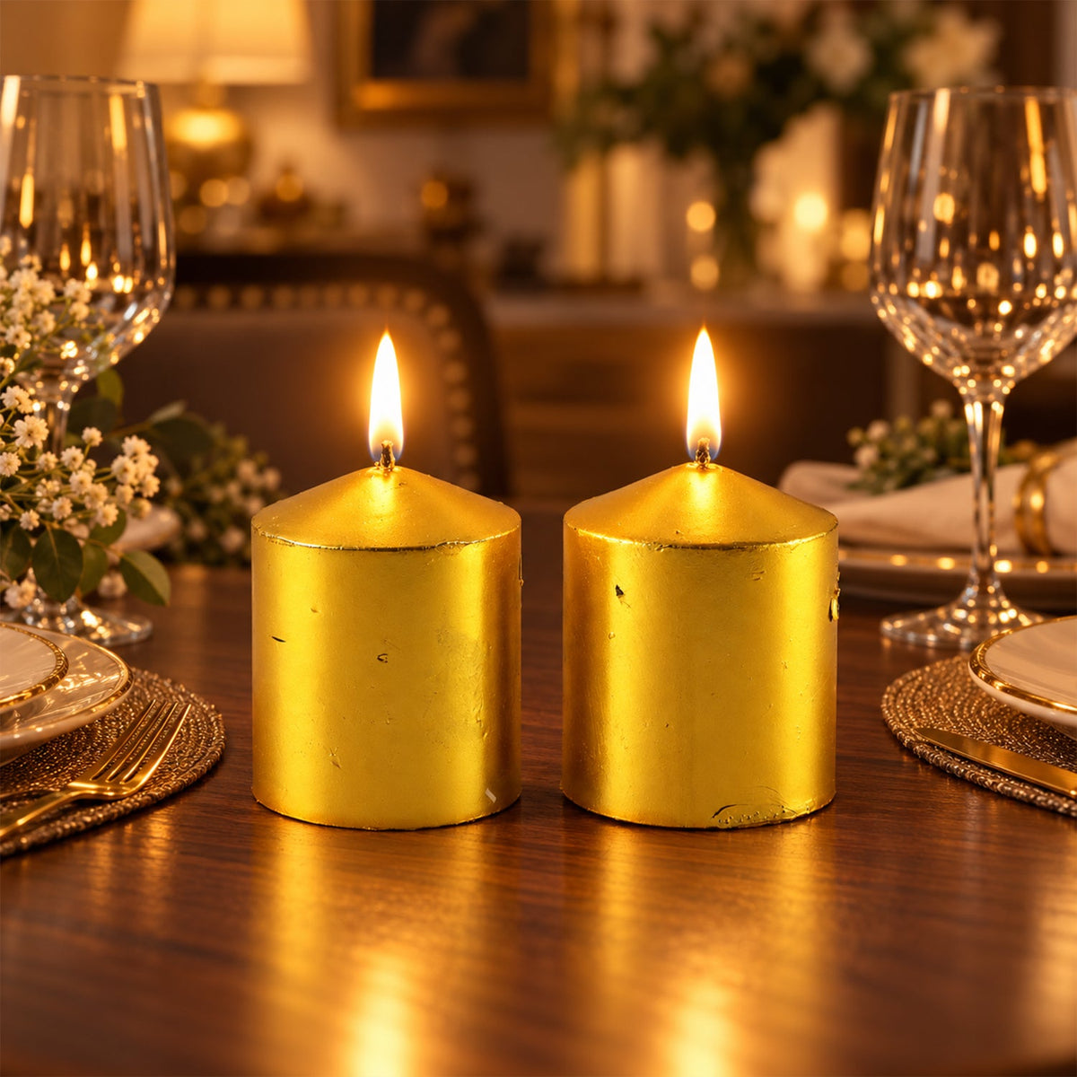 Two lit golden metallic pillar candles on a set dining table with crystal glasses and white floral arrangements.