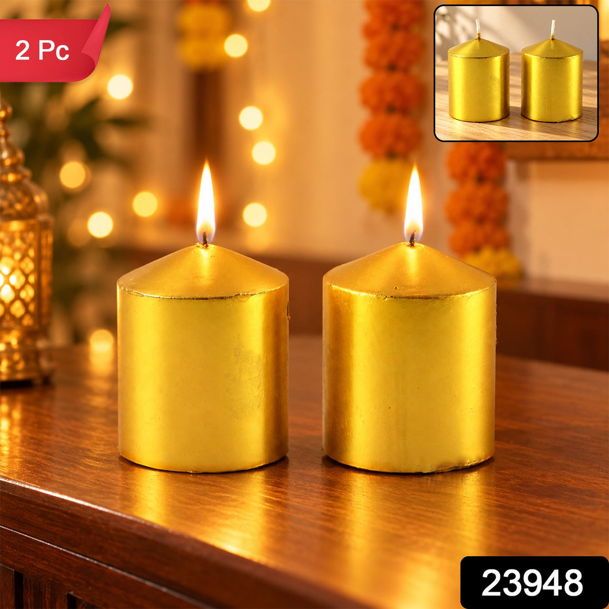 Two lit golden metallic pillar candles on a wooden surface, with a small inset showing unlit candles.