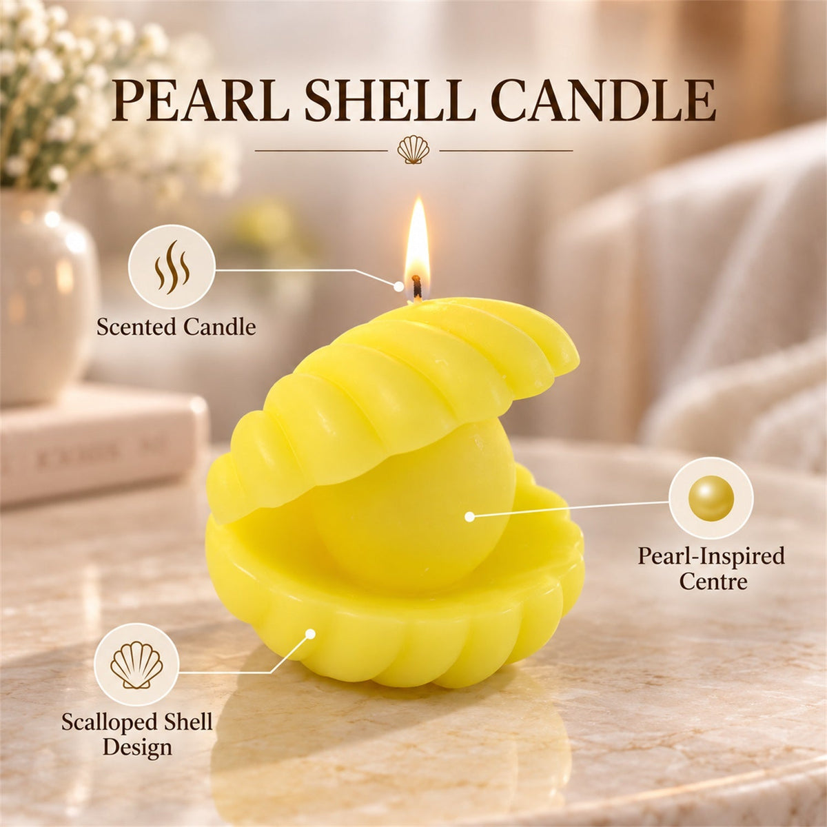 A yellow shell candle with a lit flame is highlighted with text overlays pointing to its features: "Scented Candle" and