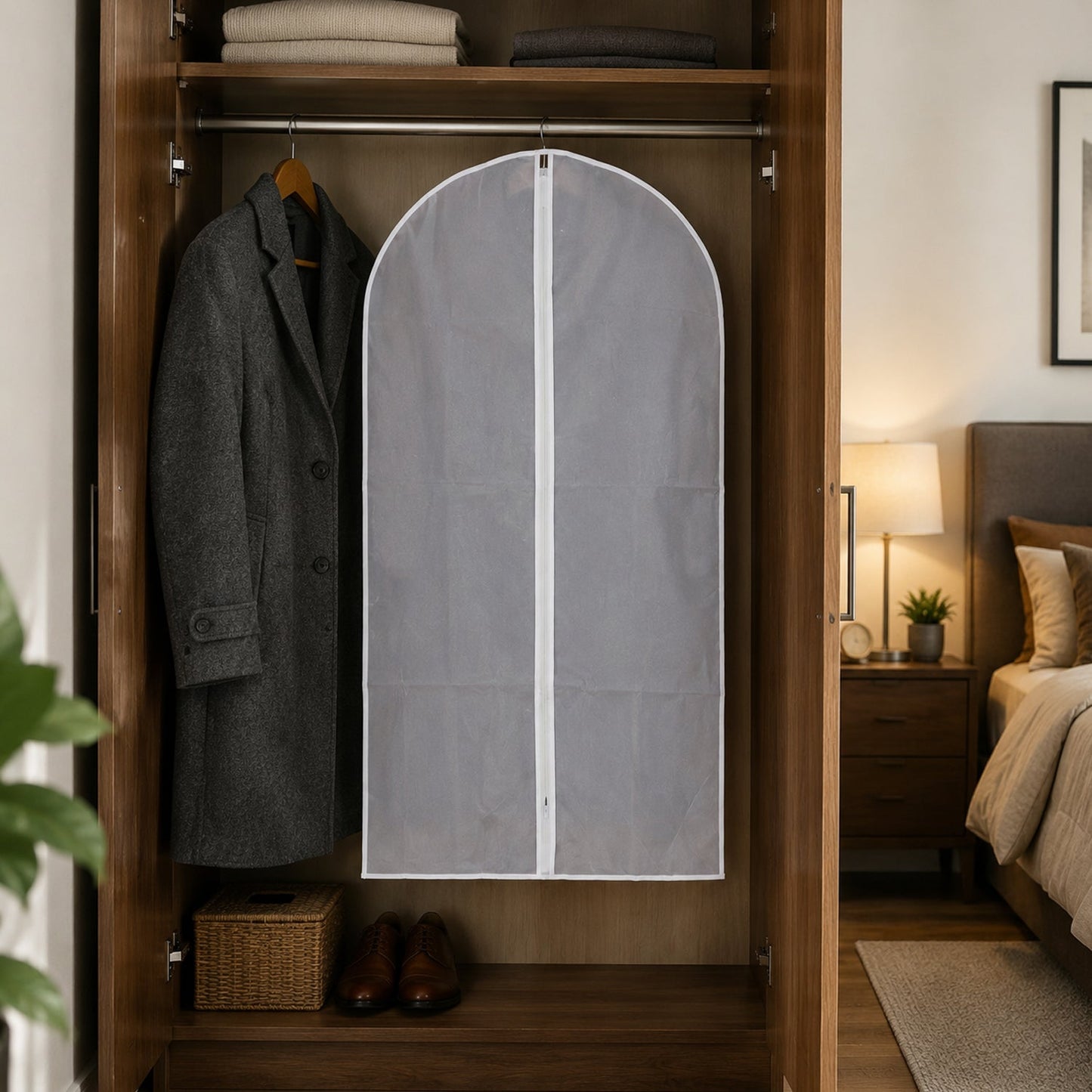 Plastic suit cover with full zipper for wardrobe storage