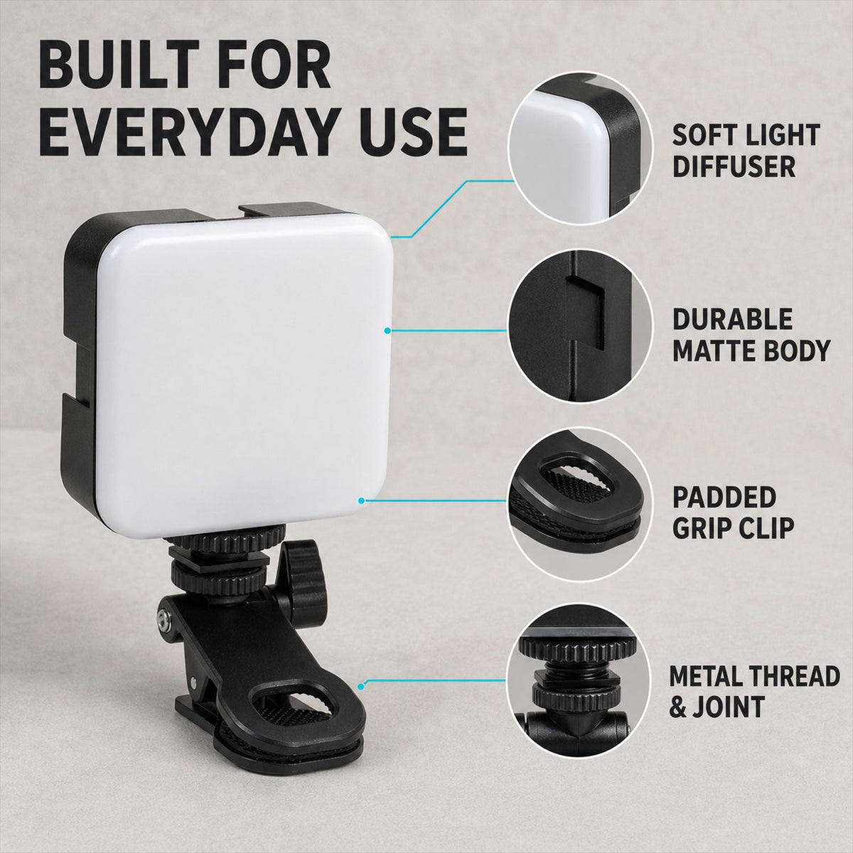 Camera light diffuser body and padded clip features