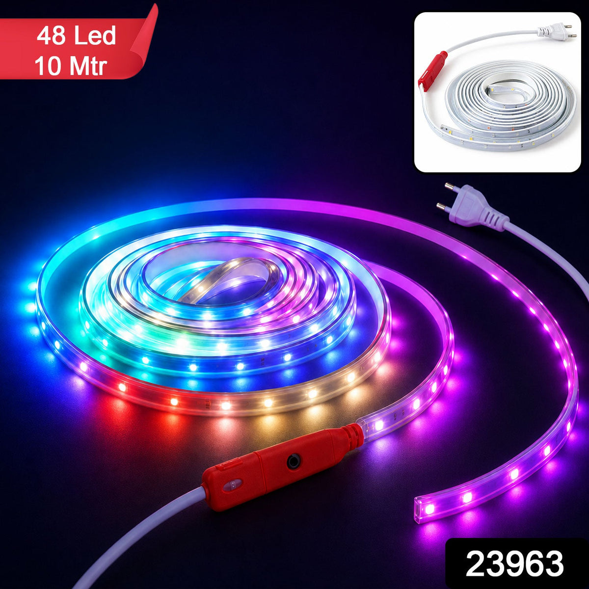 A coiled multicolor LED light strip with a red inline control switch, illuminating a dark room, with text overlays.