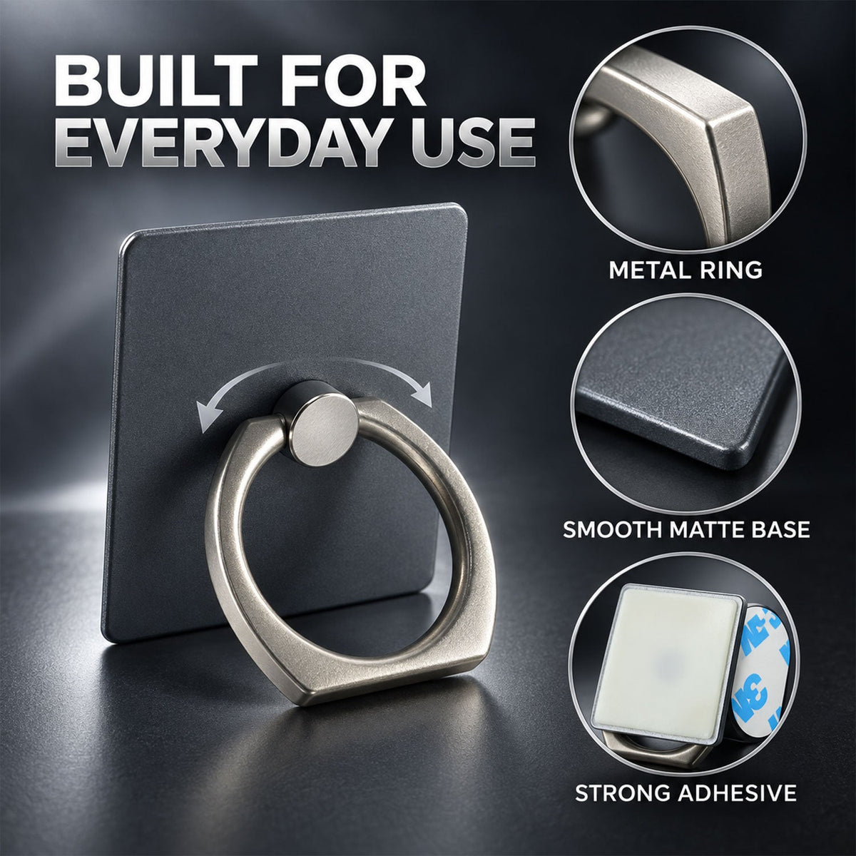 A gray square phone ring holder with a silver metal ring stands upright on a white surface.
