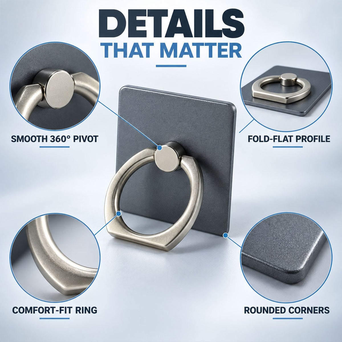 A complete set of the gray phone ring holder and a black adhesive car mount are displayed on a gray pedestal.