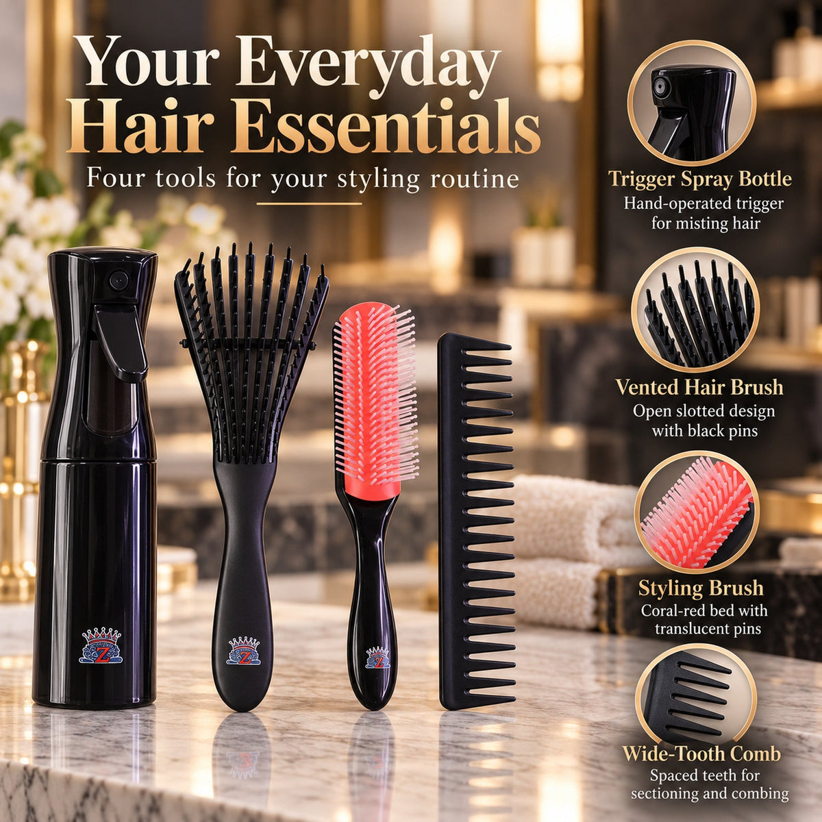 Four in one hair grooming set with spray bottle brushes and wide tooth comb 05