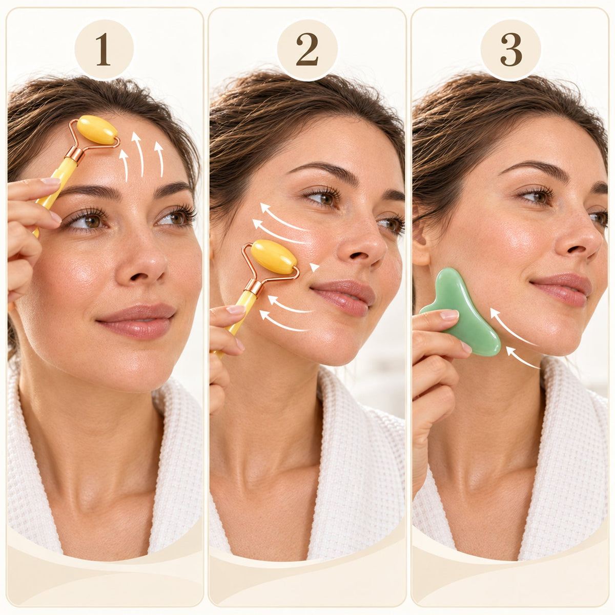Three panels show a woman demonstrating how to use a facial roller on her forehead and cheek, and a gua sha tool.