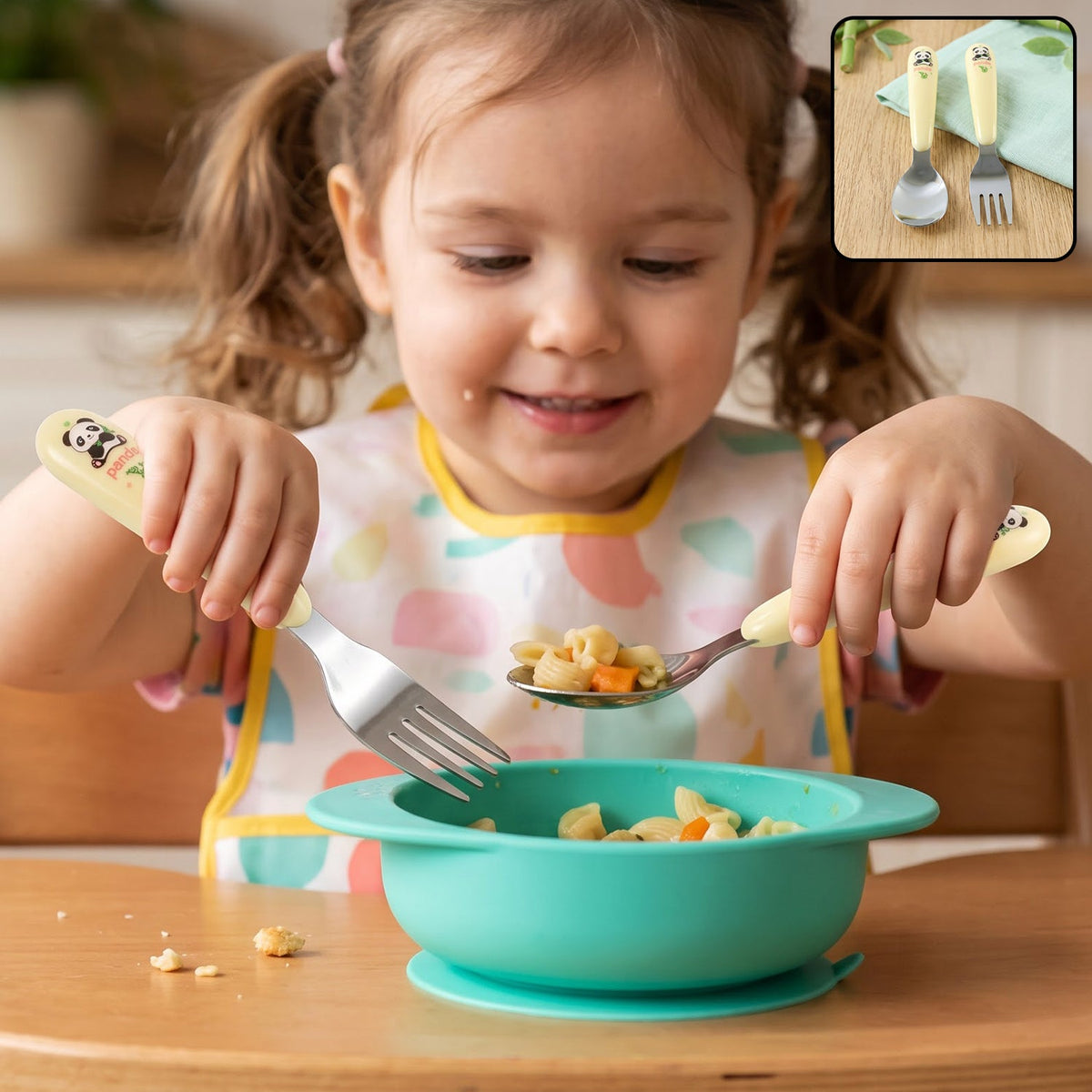 Kids cartoon spoon and fork set in use