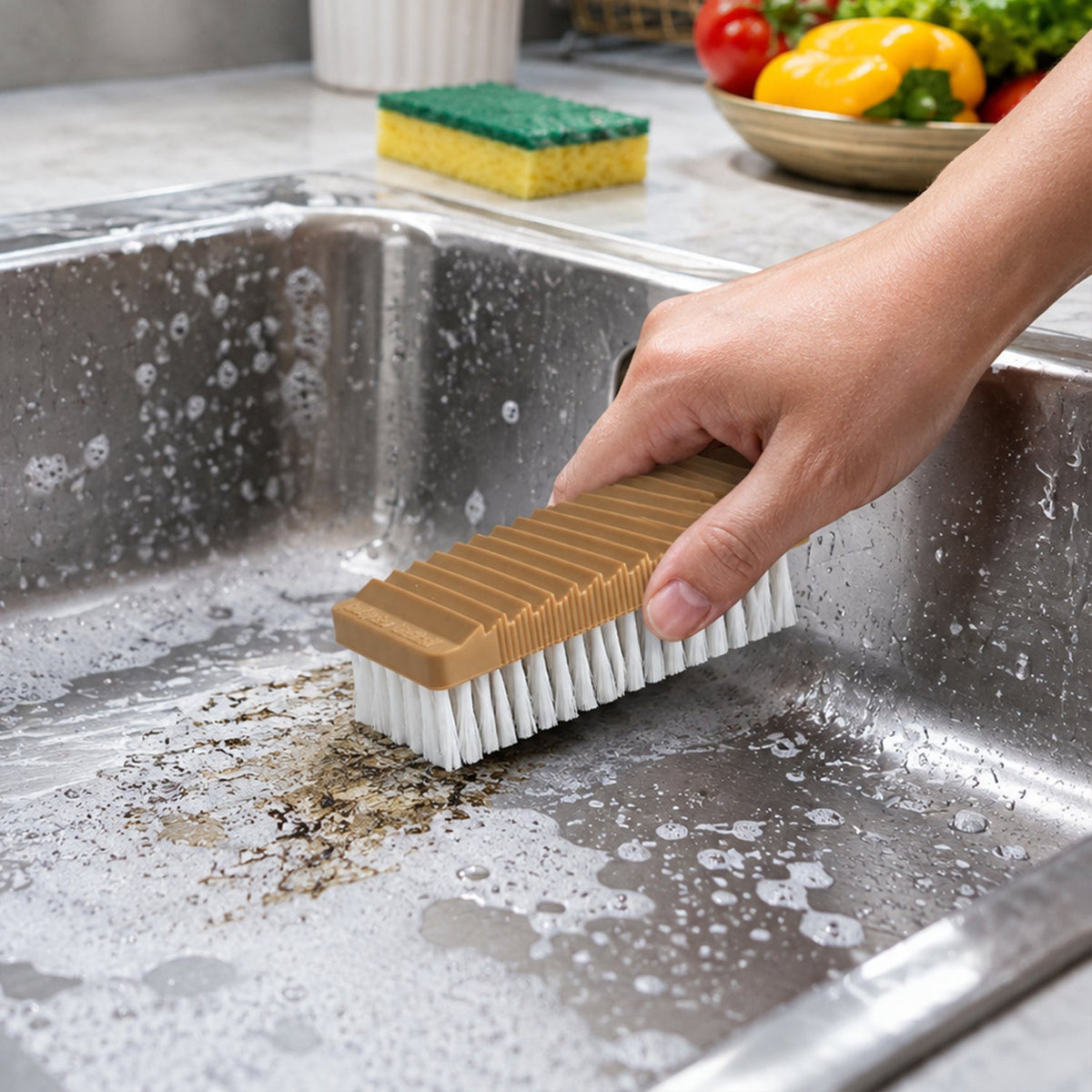 Multipurpose brush cleaning a kitchen sink